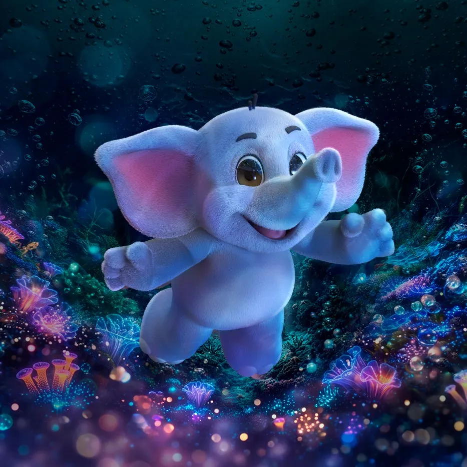 Jumbito, la mascota del Circo Kai, entre corales luminosos.